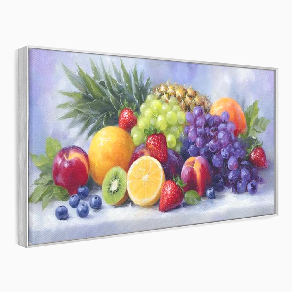 Tablou canvas cu pictura cu cos de fructe, in rama de aluminiu argintiu